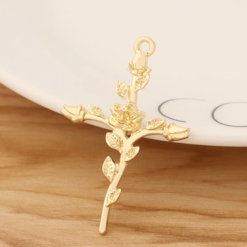

10 Pieces Gold Color Cross Crucifix & Rose Flower Charms Pendants for DIY Necklace Jewellery Making Findings Accessories 43x28mm