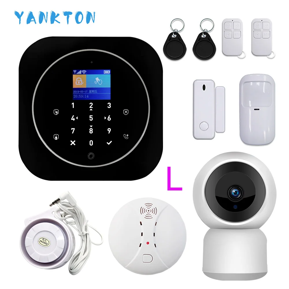 YK-019-G12-C22-L-BK Tuya Smart 433 МГц GSM& 3g& 4G беспроводная wifi сигнализация Охранная и охранная домашняя сигнализация с детектором дыма и ip-камерой - Цвет: YK-019-G12-C22-L-BK