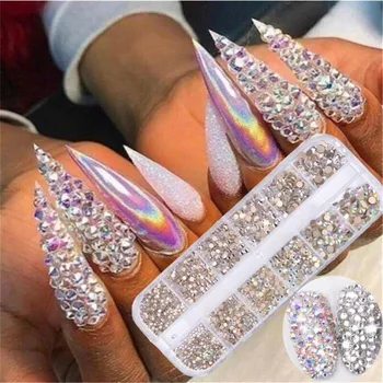 

12 Grids Colorful Crystal Nail Art Rhinestones Acrylic Nail Stones Beads Studs Flat Back Shiny Tips 3D Nails Art Gems Decoration