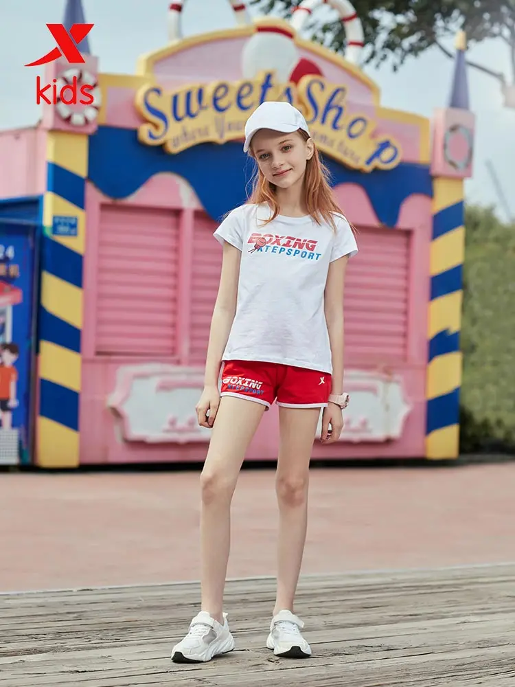Xtep Summer Girls O-neck T-shirt Kids Casual Letter Pattern Short Sleeves Children Loose Sport Simple Tops 681224349114