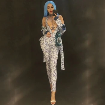 

Jazz Dance Costumes Dollar Printing Stretch Bodysuit Coat Dj Ds Costume Birthday Outfits For Women Performance Clothing DT294