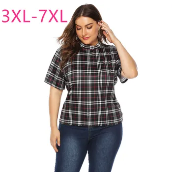 

2020 new fashion summer plus size tops for women large short sleeve loose casual plaid O neck T-shirt black 4XL 5XL 6XL 7XL