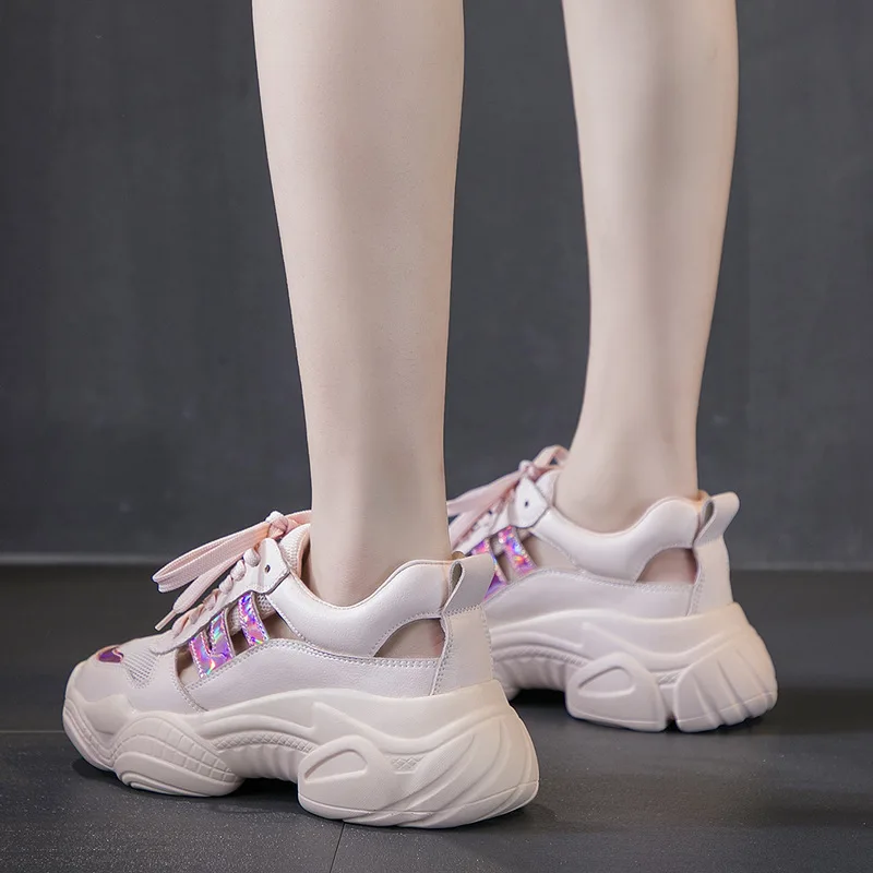 

2019 Summer Thick Bottomed Cool Shoes Women's Tennis Red Athletic Shoes CHIC Fairy Hollow out Punched Sheet Surface Platform Sho