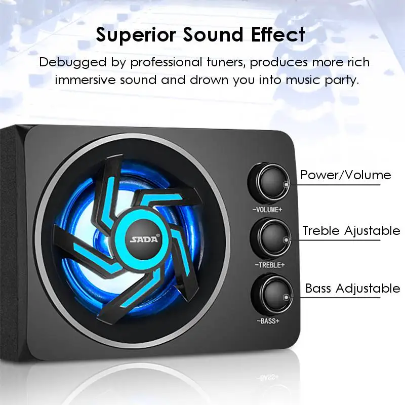 LED Light 2.1 Desktop Computer Speaker Heavy Bass Subwoofer Home Combination Speaker USB Power Supply For PC Laptop Cellphone