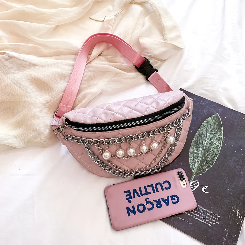 Жемчужная цепочка кожаные поясные сумки женские роскошные брендовые дизайнерские черные розовые сумки для женщин модный пояс сундук сумка