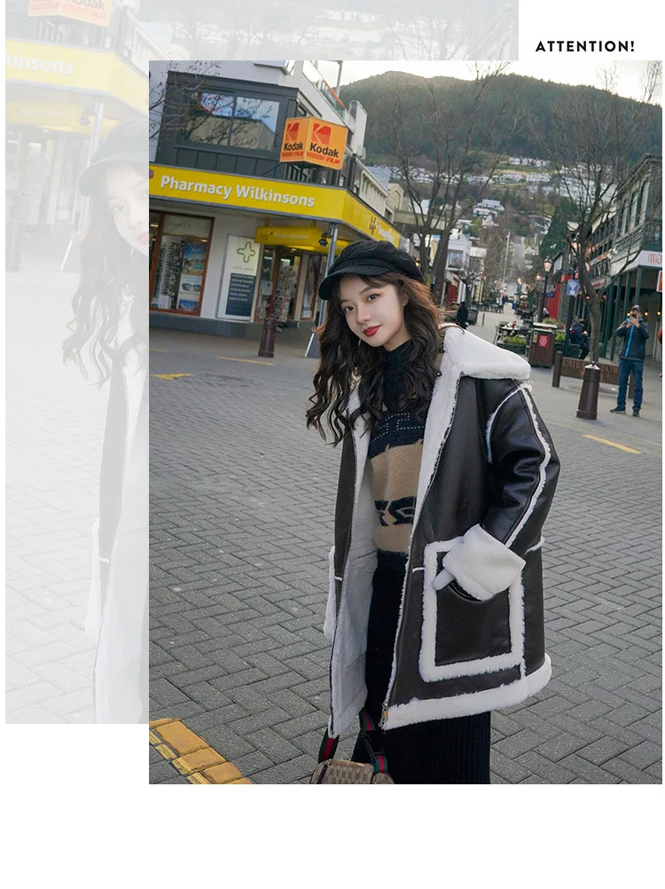 Winter simple casual fur all-in-one coat female new autumn and winter lamb wool mid-length thickened plus velvet leather coat