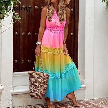 

Elegant Women Ruffles Summer Long Dress 2020 Sexy Sleeveless V Neck Office Ladies Dresses Female Dot Print Beach Dress Vestidos