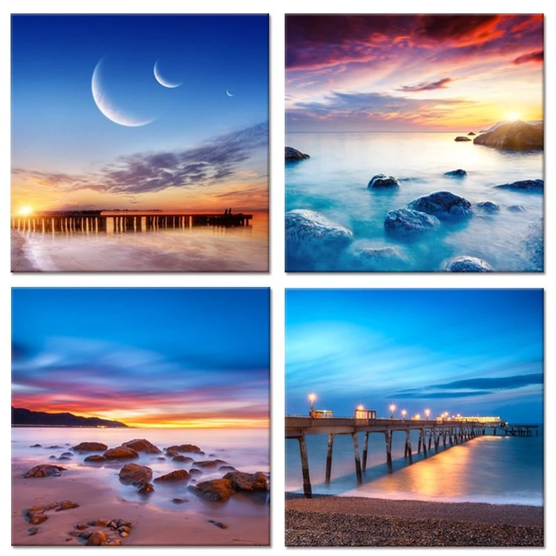 Affiche De Decoration Moderne En Toile Paysage De Coucher De Soleil Sur La Mer Sur La Plage Avec 4 Panneaux Imprimes Aliexpress