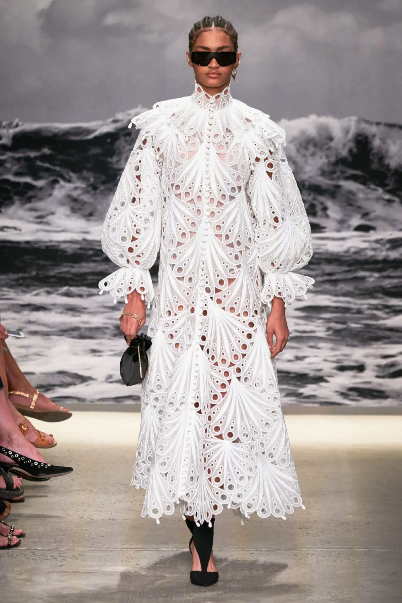 

Autumn Fashion White Patchwork Dress For Women Stand Collar Lantern Long Sleeve Hollow Out Dresses Vestidos Female 2019 New