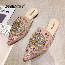 Цвет Кристалл Mule обувь женские Тапочки низкий каблук шлепанцы женские блестящие стразы Лоферы без шнуровки Дамская Весенняя модная обувь для женщин