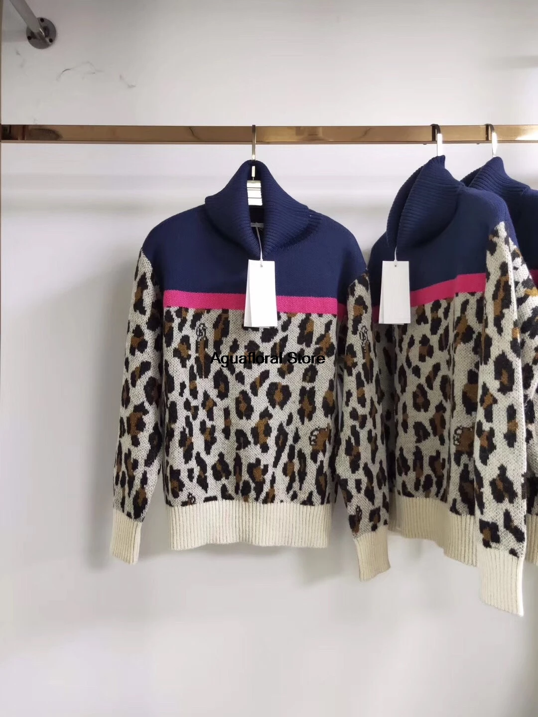 fall and winter high neck leopard patchwork women loose sweater
