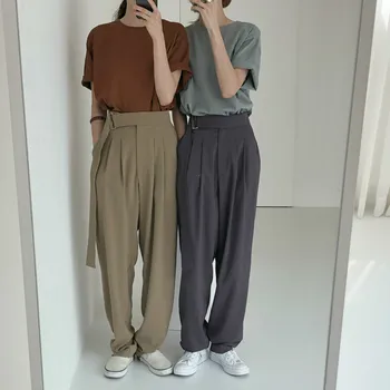

Women Autumn High Waist Wide Leg Long Pants Ladies Loose Pocket Solid Suit Trousers with Waistbelt Streetwear
