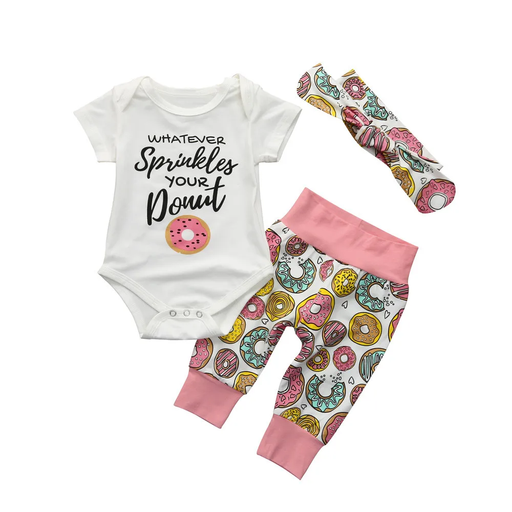 Hot Fashion Toddler Baby Girls Desserts Outfits Clothes Romper Tops+Pants+Headband Set Kids& Mother Drop Shipping
