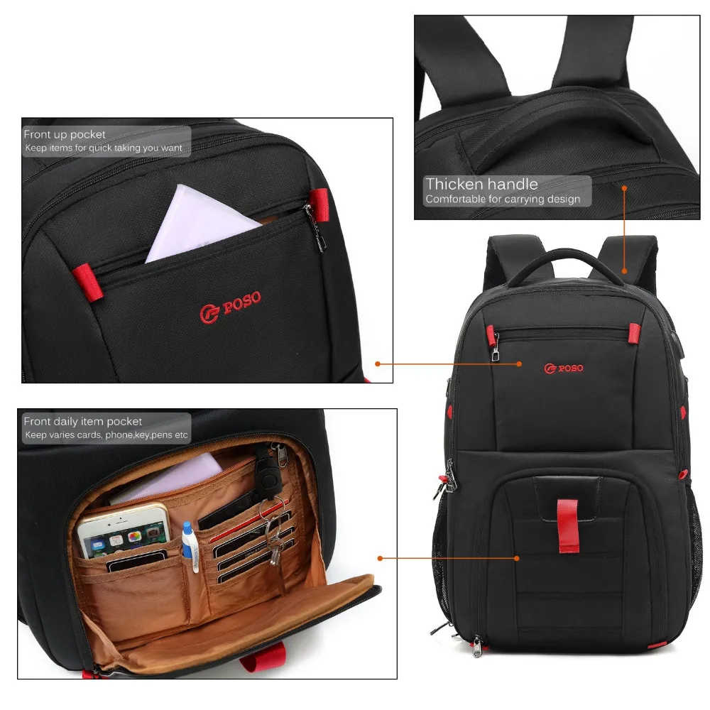 POSO рюкзак 17,3 дюймов USB рюкзак для ноутбука нейлоновый водонепроницаемый рюкзак Противоугонная дорожная сумка многофункциональный рюкзак