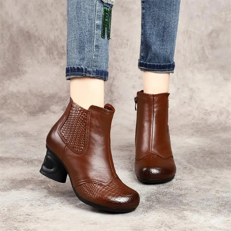 

2019 Autumn & Winter New Style Retro Genuine Leather WOMEN'S Boots Chunky Semi-high Heeled Rub Color plus Cotton Short Boots