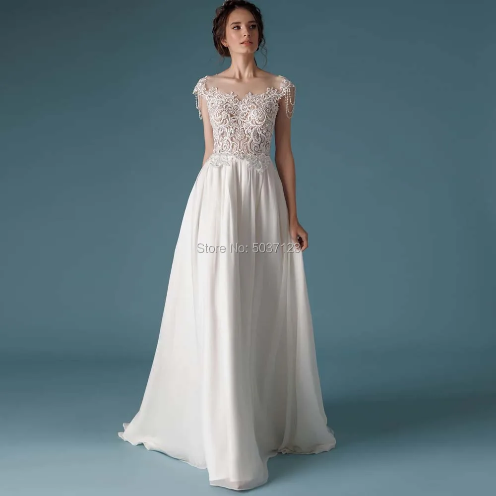 

Chiffon Beach Wedding Dresses Cap Sleeves Lace Appliques Beading Bridal Wedding Gowns Back Button Vestido De Noiva Sweep Train