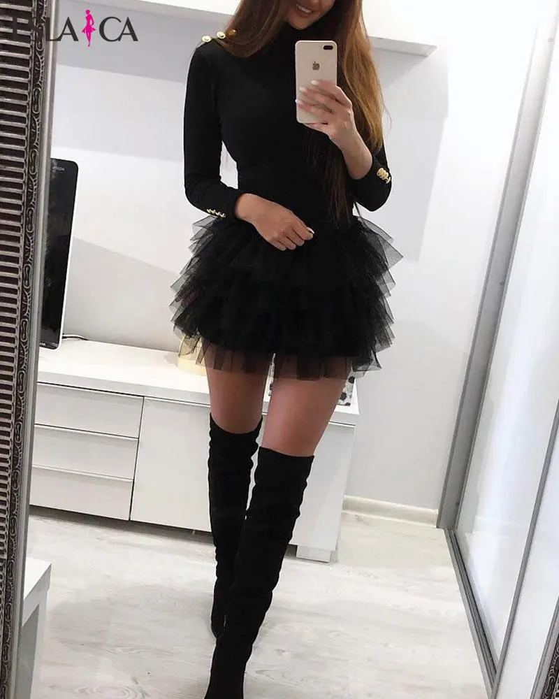 Женское платье, модное, тонкое, длинный рукав, водолазка, органза, пэчворк, осень, сексуальное, мини, женское платье, на пуговицах, украшение, Vestidos - Цвет: Черный