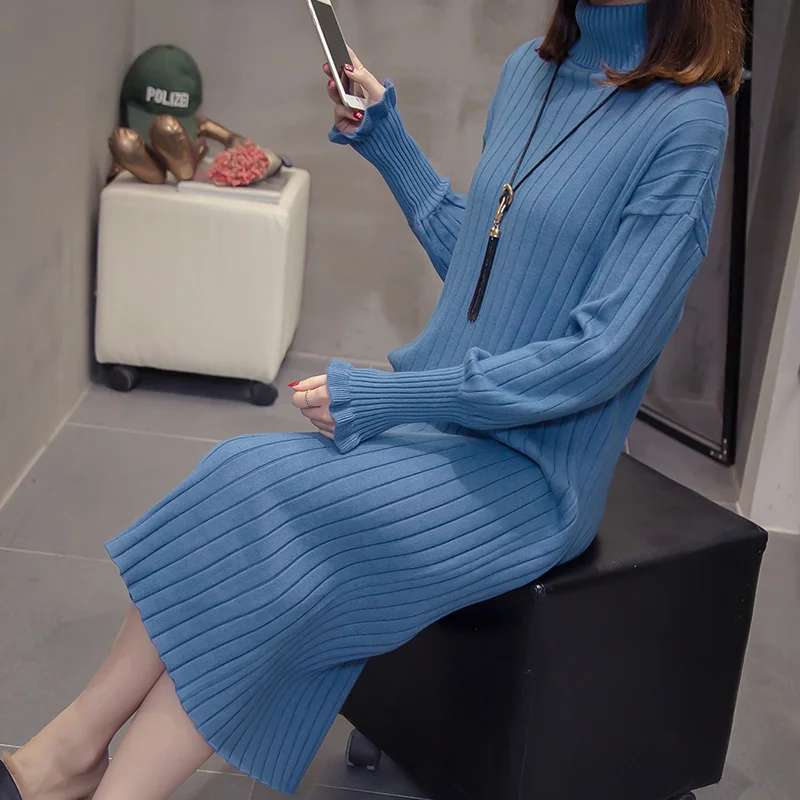 

XL-4XL Plus Size Women Turtleneck Sweater Dress Autumn Winter 2019 Vintage Lantern Long Sleeve Lasies Knitted Warm Midi Dresses