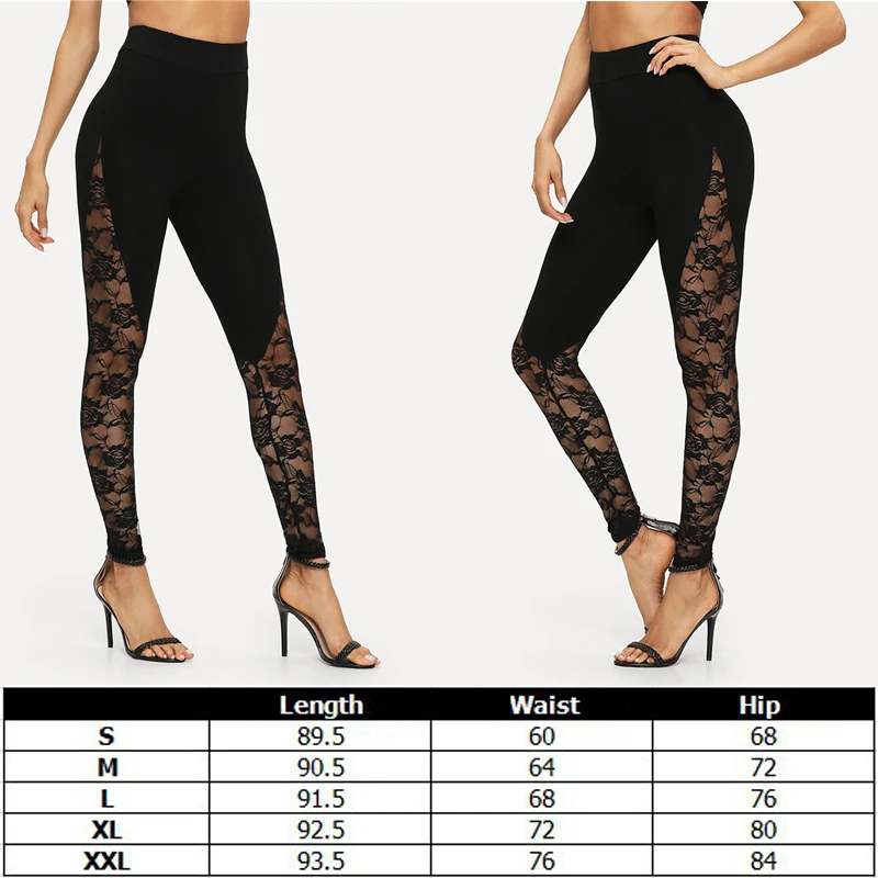 Брендовые новые женские длинные леггинсы с кружевной полосой элегантные эластичные брюки спортивные брюки сексуальные прозрачные кружевные розовые - Цвет: Черный