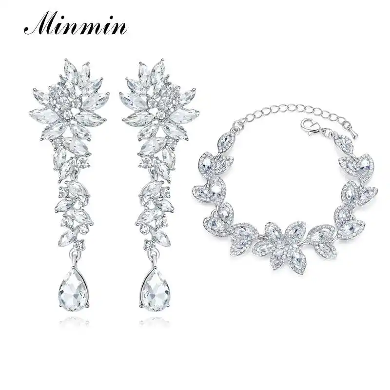 Minmin сверкающий листовой набор свадебных ювелирных изделий роскошный свадебный серебряный цвет кристалл серьги браслет наборы для женщин MEH1566+ SL046 - Окраска металла: Silver