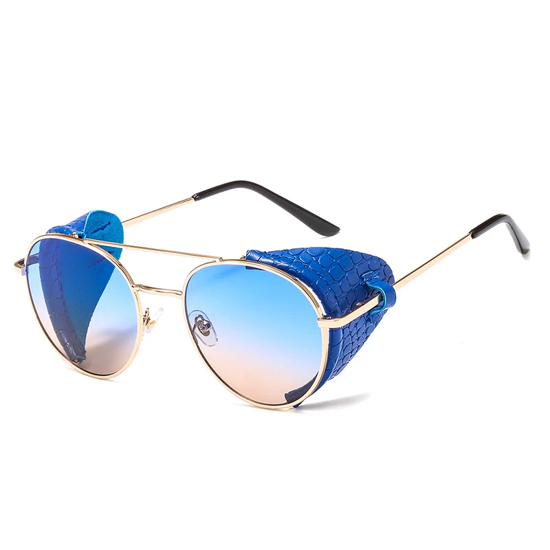 C2 Blue Pro Acme Fashion Retro Steampunk Sunglasses Women Men Gothic Punk Round Sun Glasses Leather Side Shield Brand Design PA1281 - Цвет линз: C2 Blue