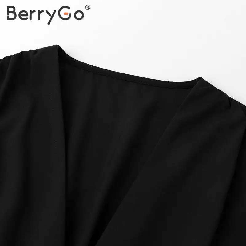 BerryGo, элегантные блузы с рукавом-фонариком и v-образным вырезом, женские офисные тонкие блузки, рубашки, шикарные осенние женские черные топы, блузки