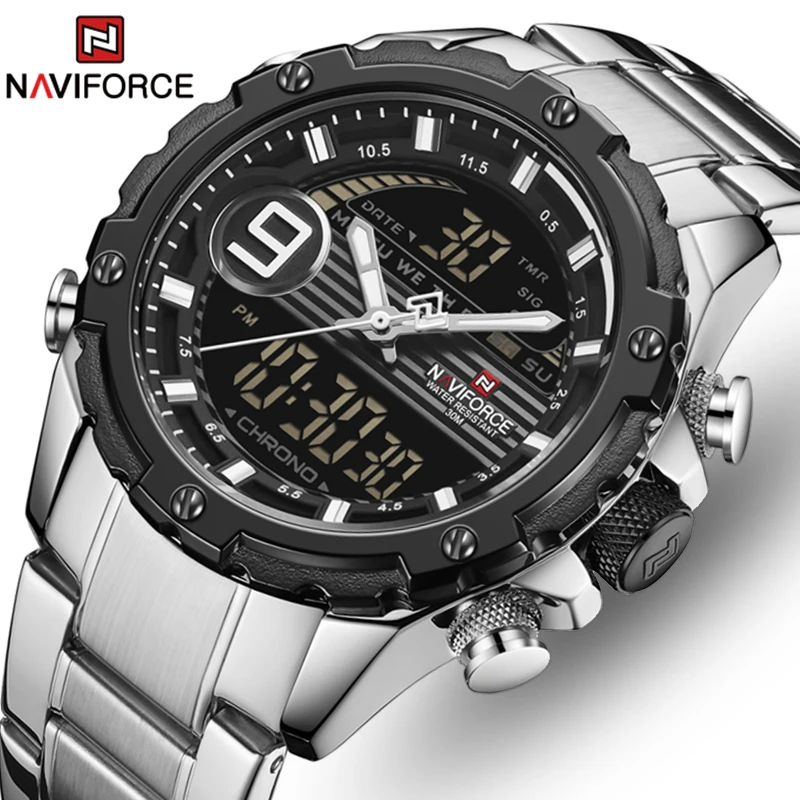NAVIFORCE Роскошные мужские часы с ЖК дисплеем и цифровым аналоговым хронографом