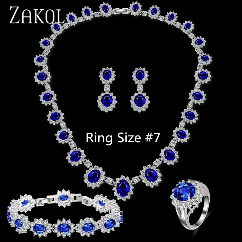 Изысканный Овальный набор ювелирных изделий ZAKOL из голубого циркония с микро инкрустацией с роскошным белым цветом для подружки невесты ювелирные изделия FSSP018 - Окраска металла: Full Set Size 7