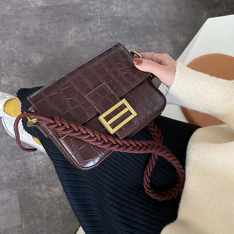 

Stone Pattern PU Leather Crossbody Bags For Women 2020 Small Shoulder Messenger Bag Handbags with Weaving Shoulder Belt