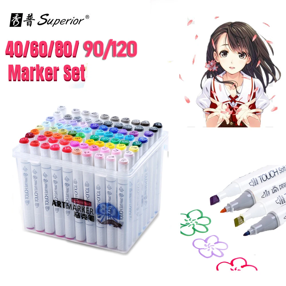 

Superior 30/40/60/80/168 Color Art Markers Set Dual Headed Artist Sketch Oily Alcohol based markers For Animation Manga