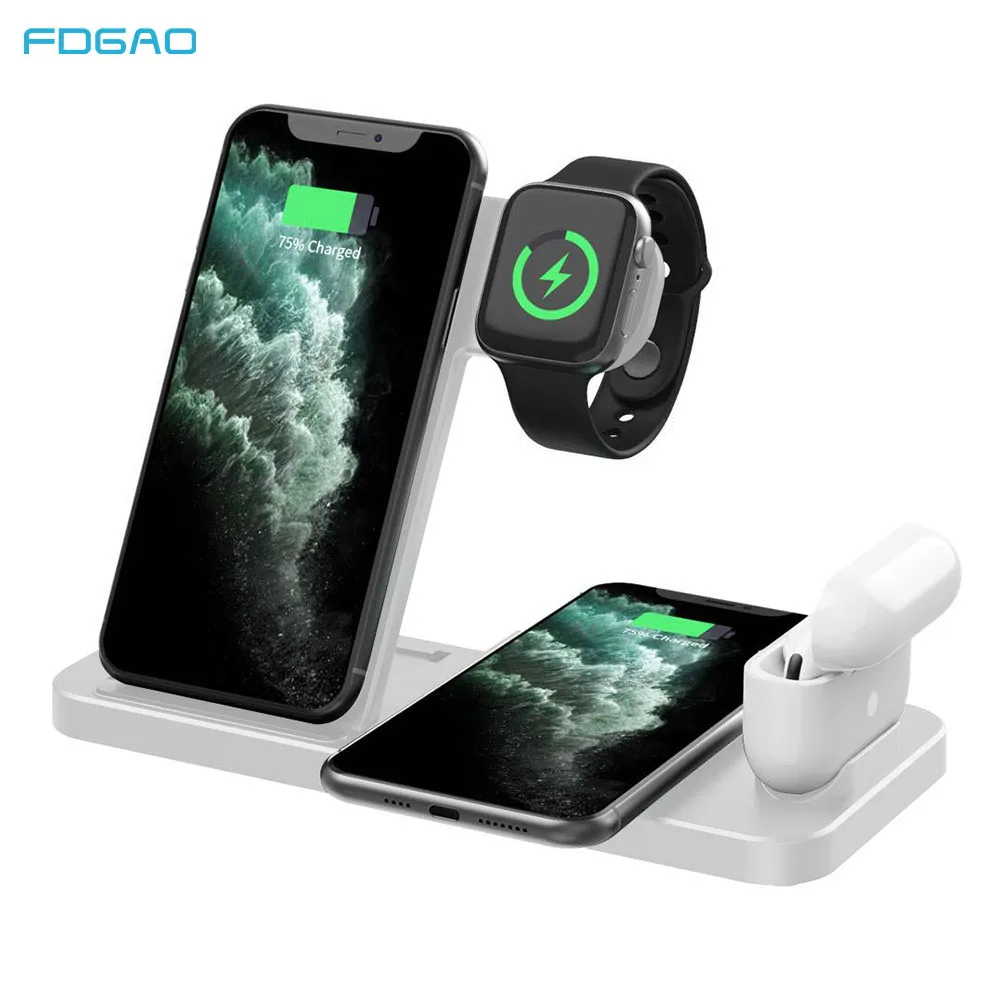 15W Qi Wireless Charger Stand 4 in 1 Fast Charging Pad Dock Station For iPhone 12 11 XR XS X 8 Apple Watch 6 5 4 3 2 Airpods Pro