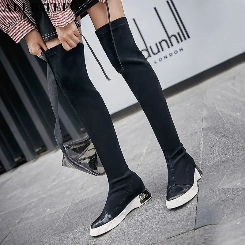 

ALLBITEFO High quality Elastic material women boots Pure color leisure Autumn Winter comfortable fashion over knee high boots