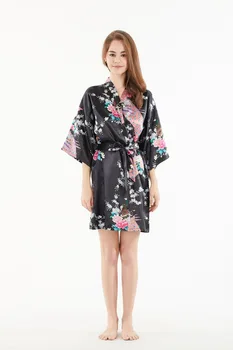 

Nation Style Black peacock pyjamas short Nightgown pyjamas sexy cardigan bathrobe silk dressing gown Hot Pijamas Women Bathrobe