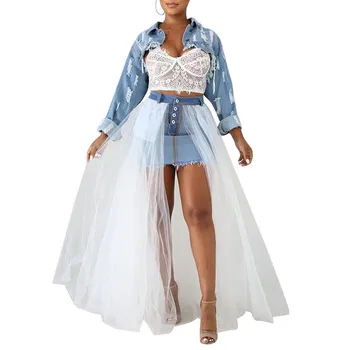 

Autumn High Waist High Split Vintage Jean Skirt A-Line Women Splicing Mesh Maxi Skirts Party Club Night Beach Long Skirt