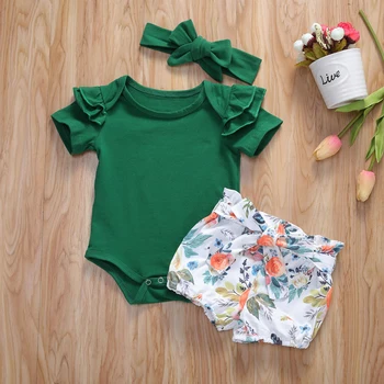 

Pudcoco Newborn Baby Girl Clothes Solid Color Short Sleeve Knitted Cotton Romper Tops Flower Print Shorts Headband 3Pcs Outfits