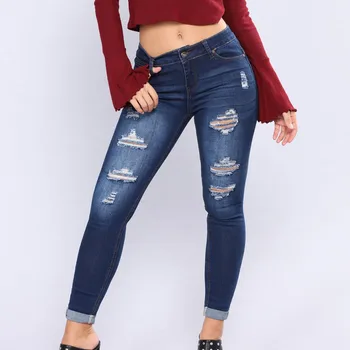 

Vintage High Waist Woman Stretchy Blue Jeans Female Ripped Full Length Pants Pencil Skinny Jeans New