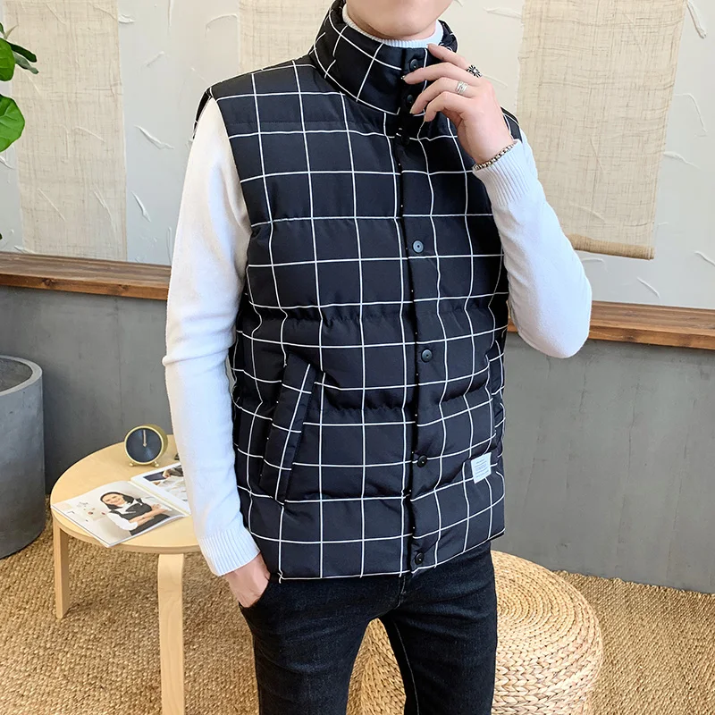 Black Plaid Anbcan Модный черный клетчатый и полосатый мужской зимний теплый жилет с воротником-стойкой, Приталенный жилет без рукавов, куртка - Цвет: Black Plaid