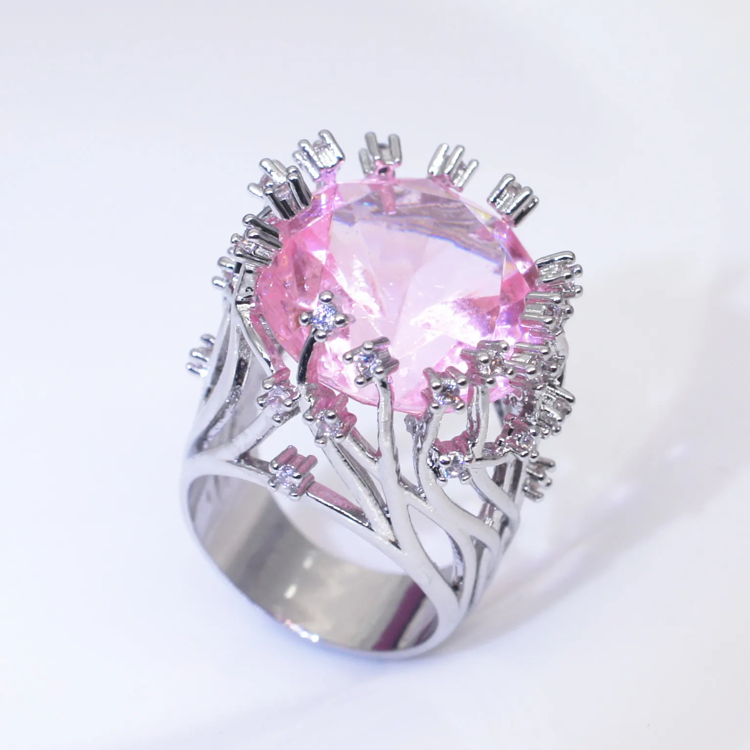 Женские Модные ювелирные изделия розовый циркон кольцо с кристаллами креативное Крупное кольцо Элегантное открытое веточное свадебное кольцо для женщин