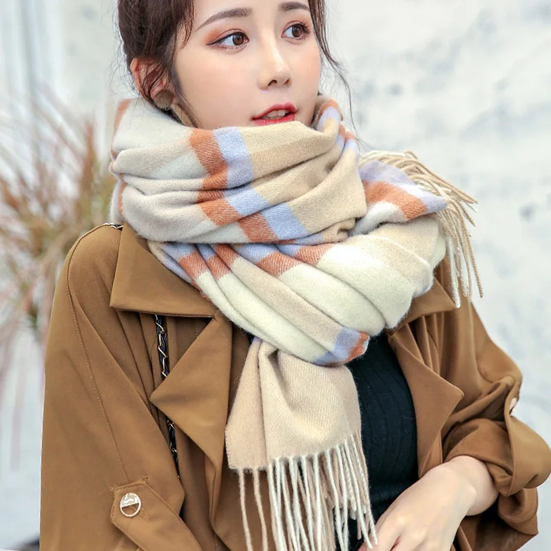 Winter Real Wool Checkered Scarf Women Plaid Cashmere Scarves Lattice Large Shawl and Wraps Ladies Warm Echarpe Pashmina - Цвет: Color 5