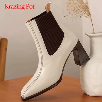 

Krazing pot Chelsea boots real leather knitting square toe high strange heel slip on elegant lady dating mature ankle boots L95