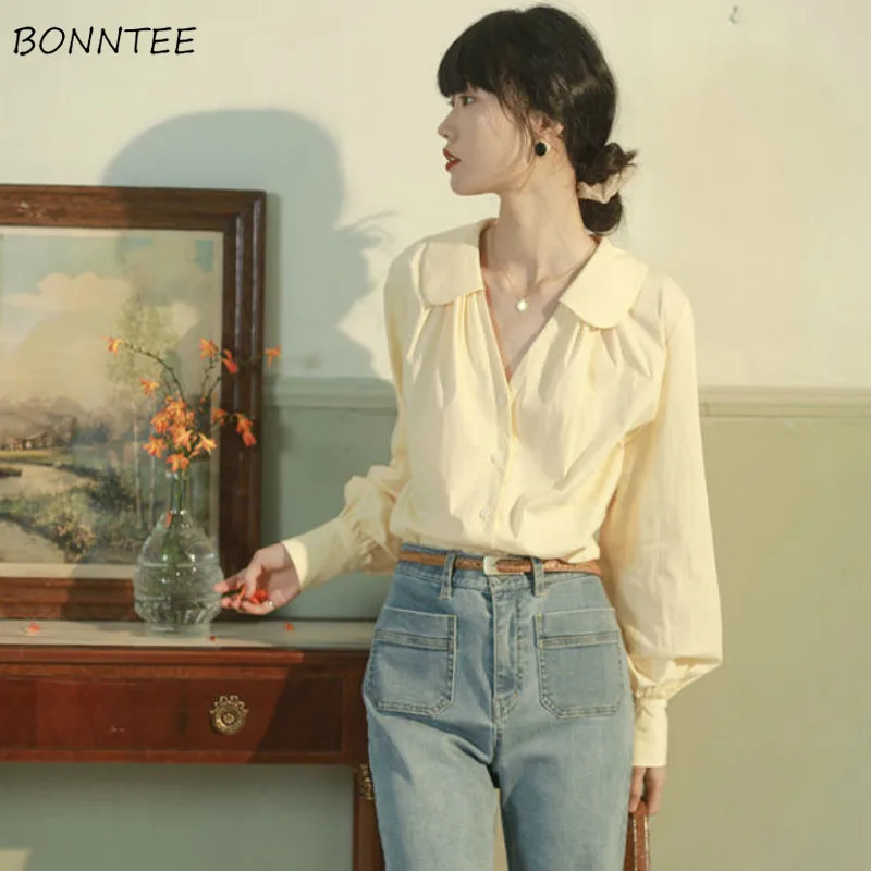 Camisas Vintage lisas con cuello de Peter Pan para mujer, blusa holgada Ulzzang de gran tamaño que combina con todo