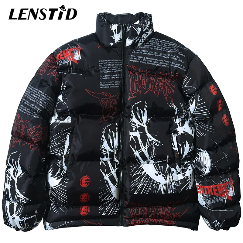 LENSTID 2019 хип хоп японский мультфильм Граффити теплые стеганые куртки для мужчин