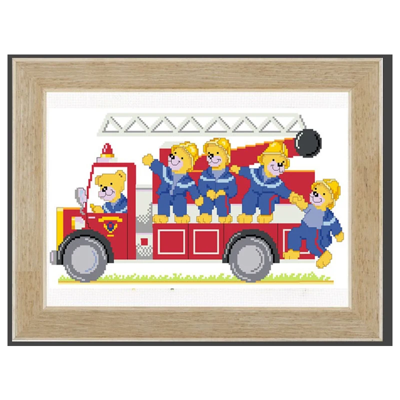 Kit Punto Croce Contato Pompieri Faire-Part Record Di Nascita Baby Teddy Bear Bears Fireman Fire Engine Bus