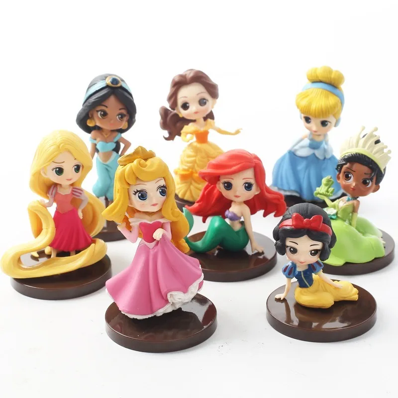 

8pcs/lot Q Posket princesses figure Toys Dolls Tiana Snow White Rapunzel Ariel Cinderella Belle Mermaid PVC Figures toys