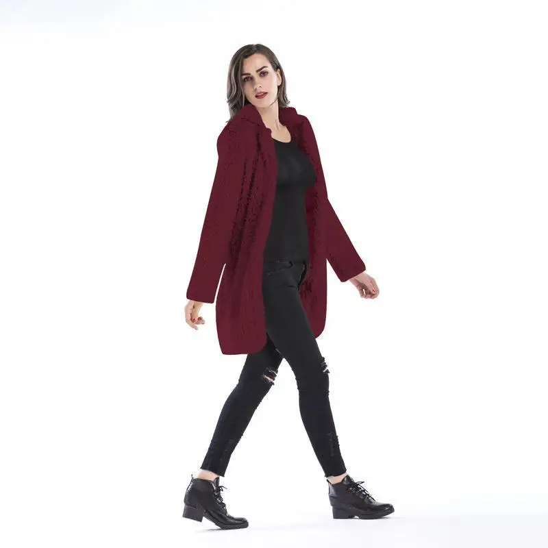 Women Casual Turn Down Collar Long Buttons Patchwork Above Knee Solid Sleeve Fuzzy Long Cotton Coat