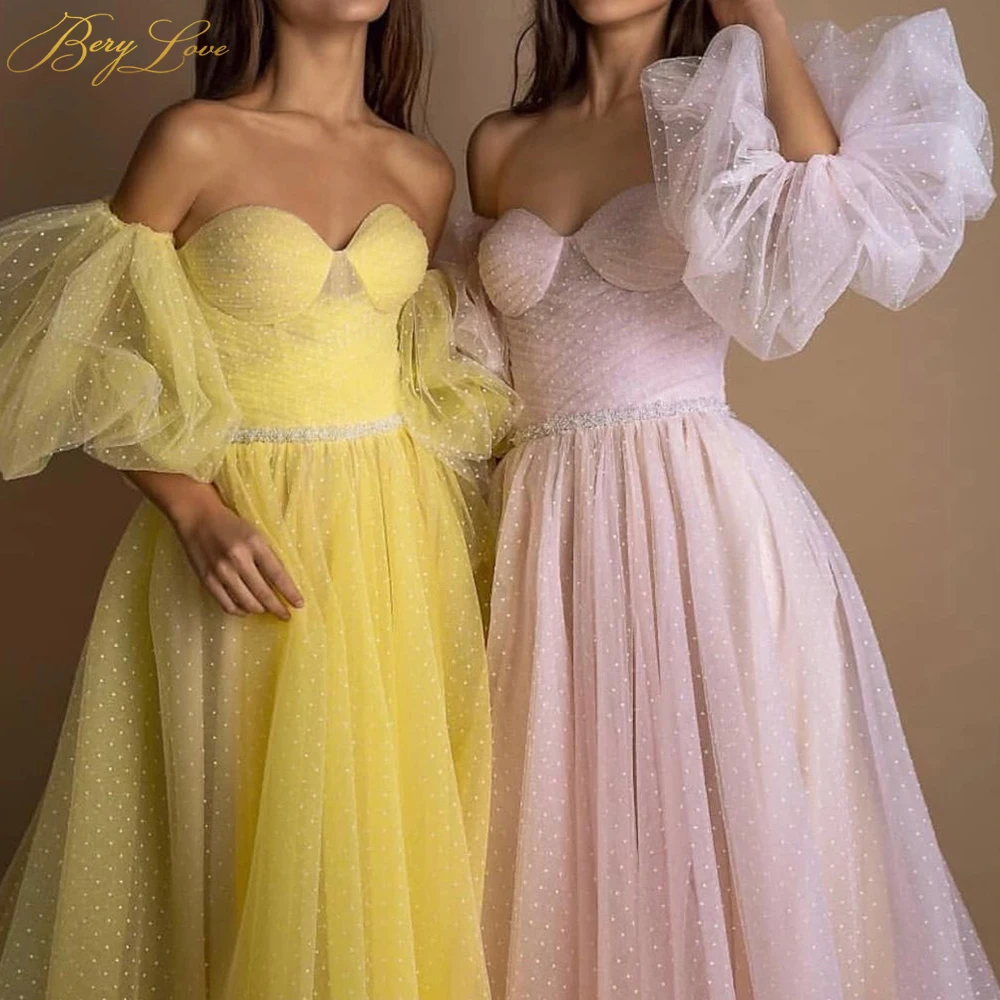 Günstige BeryLove Helle Gelb Prom Kleid 2020 Rosa Dot Tüll A line Lange Party Kleid Formale Letztere Ärmeln Elegante Kleider Vestido