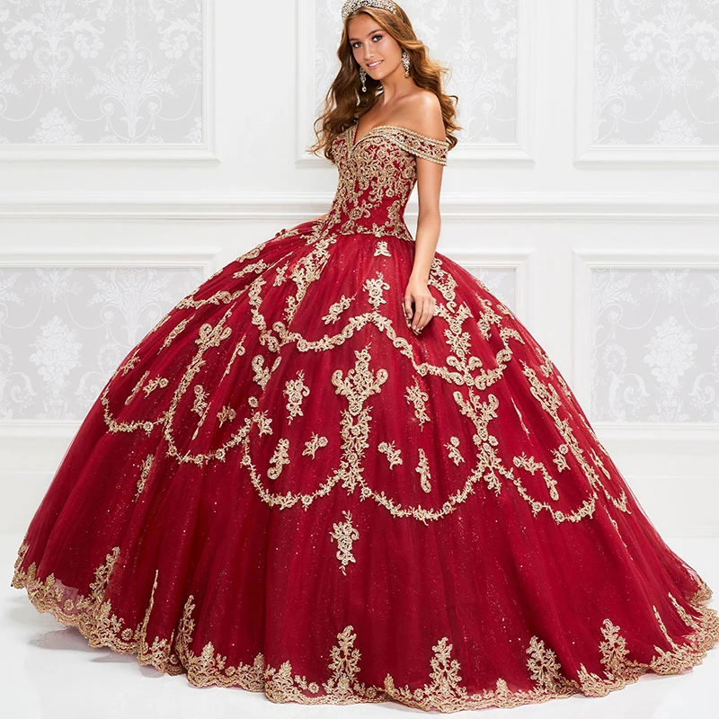 Шикарные красные Quinceanera платья с золотой аппликацией блесток на шнуровке бальное