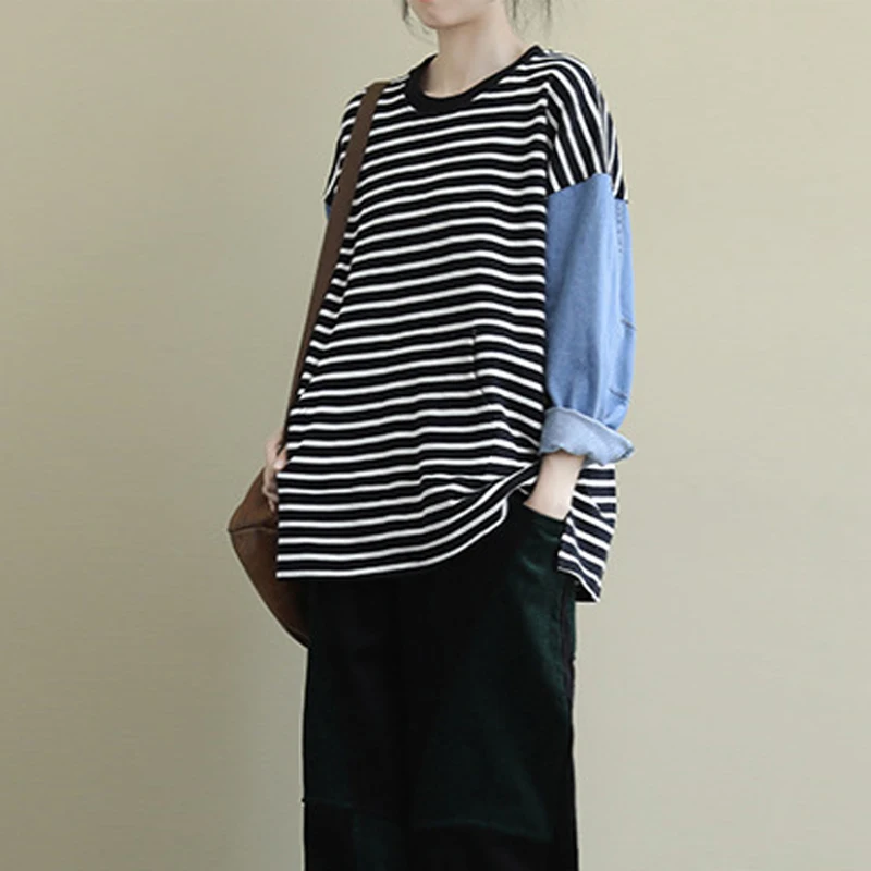 Autumn Loose Leisure Striped O-neck Pockets Plus Size T-shirt New Fashion Patchwork All-match Women Tops T-shirts