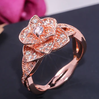 

Huitan Gorgeous Rose Finger Ring For Female Super Shiny AAA Cubic Zircon Flower Shaped With Cirrus Twist Band Design Women Rings