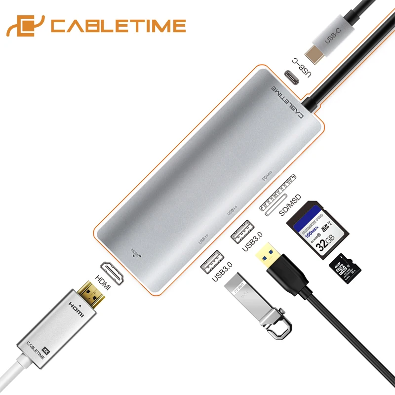 USB C Hub 6 in 1 Type C Laptop Adapter Hub SD Card Read with 4K USB C to HDMI